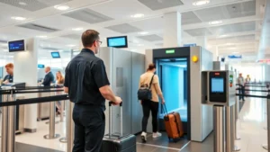 Professional security checkpoint at modern airport with TSA officer screening passenger carry-on luggage through X-ray machine, modern checkpoint design with multiple lanes visible