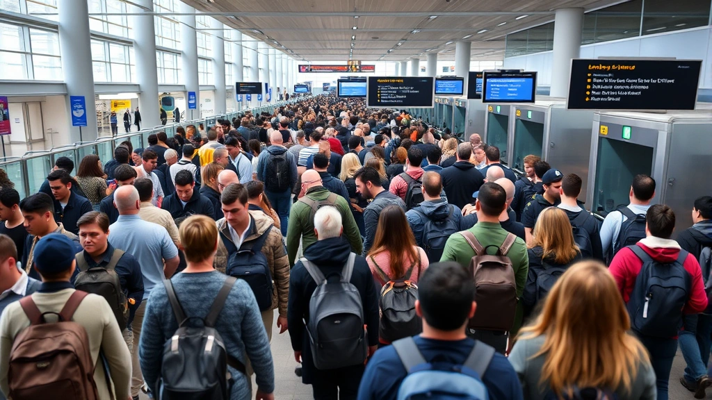 Busy airport security queue with diverse travelers moving through metal detectors and screening equipment, professional security personnel monitoring checkpoint operations, modern terminal architecture