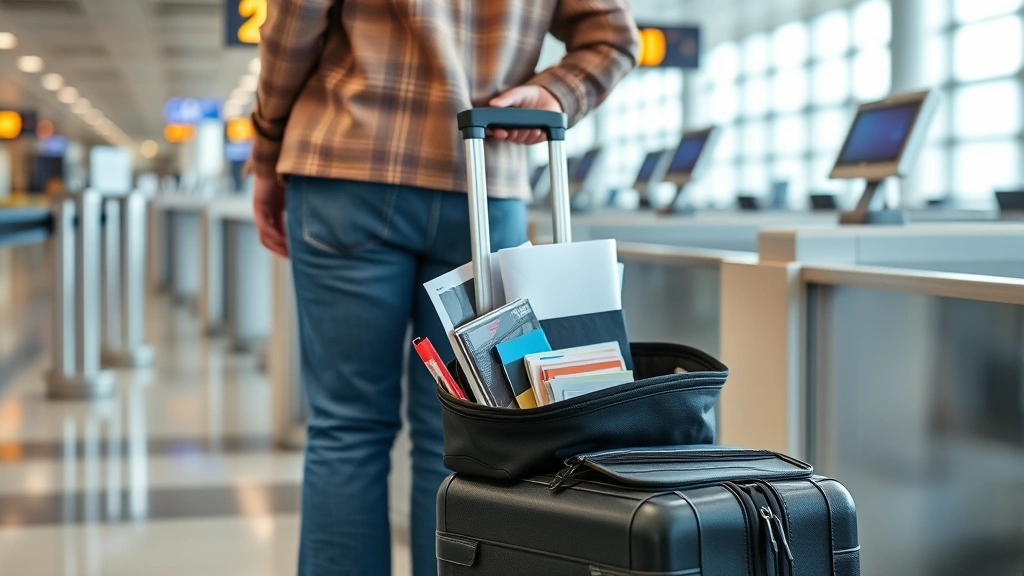 Traveler with organized carry-on luggage and documents ready at airport security checkpoint, clear demonstration of proper packing and preparation for efficient screening process