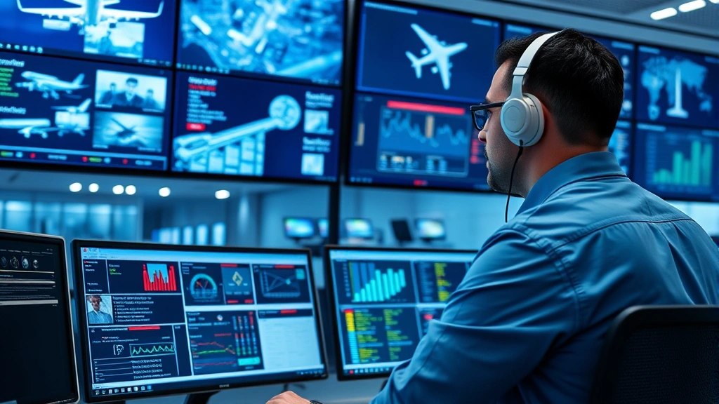 Professional cybersecurity analyst monitoring multiple digital security systems on computer screens in a modern airport security operations center, showing network dashboards and real-time threat detection displays