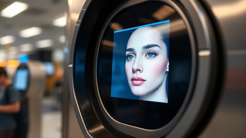 Close-up of a modern biometric facial recognition scanner at an airport security checkpoint with soft lighting, showing the device's technological sophistication and sleek design