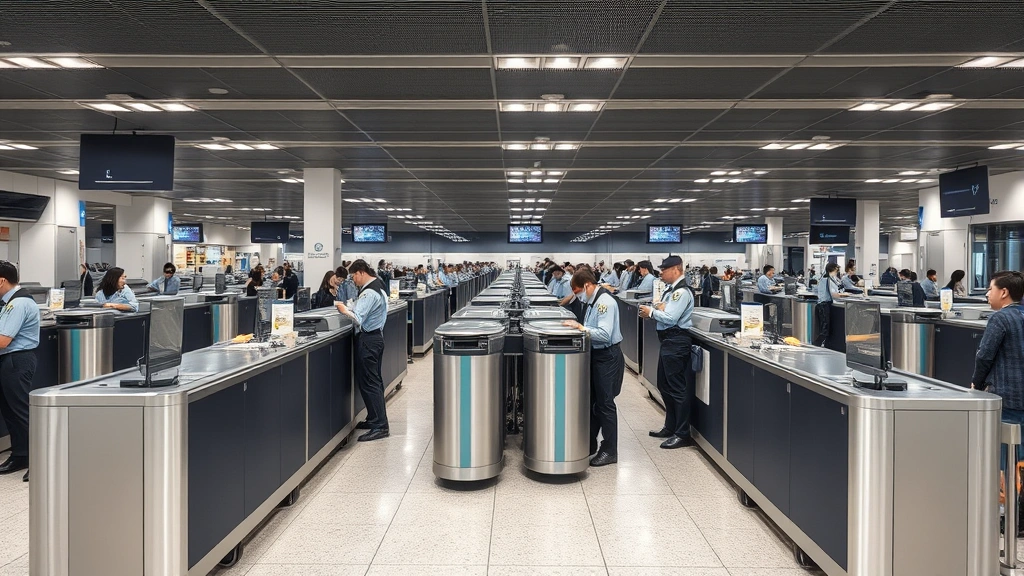 Airport security checkpoint with multiple lanes operating efficiently, TSA officers processing passengers smoothly, modern screening equipment visible, professional and organized environment