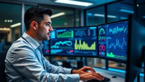 Professional IT security specialist monitoring multiple digital dashboards with network traffic visualization and threat detection alerts, modern office environment with blue-green lighting, focused expression analyzing cybersecurity metrics