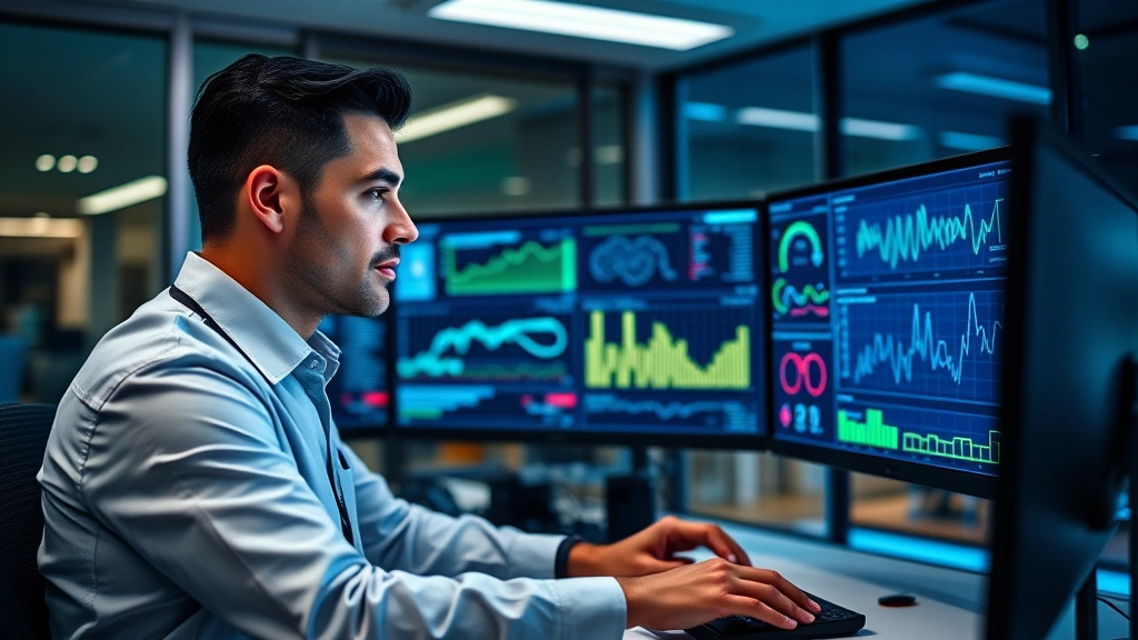 Professional IT security specialist monitoring multiple digital dashboards with network traffic visualization and threat detection alerts, modern office environment with blue-green lighting, focused expression analyzing cybersecurity metrics