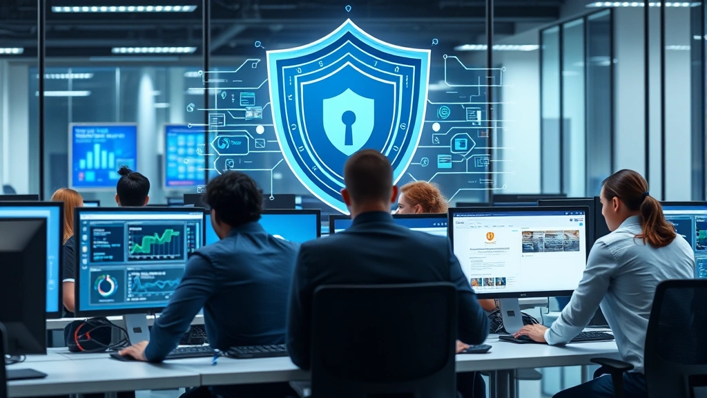 Modern corporate office with employees working at desks, each with dual monitors displaying security software interfaces, protective digital shield overlay visible in background, collaborative workspace emphasizing security culture and teamwork
