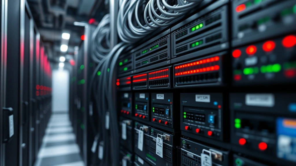 Close-up of enterprise firewall hardware and network equipment in secure data center, red and green indicator lights, organized cable management, rows of servers with security badges, professional infrastructure environment