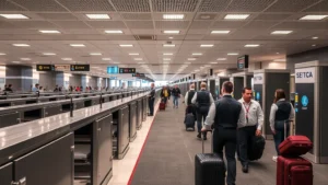 Professional photograph of a modern airport security checkpoint with multiple screening lanes, TSA officers in uniform, and travelers with luggage moving through organized queues, bright airport lighting, contemporary design elements, no visible signage or text