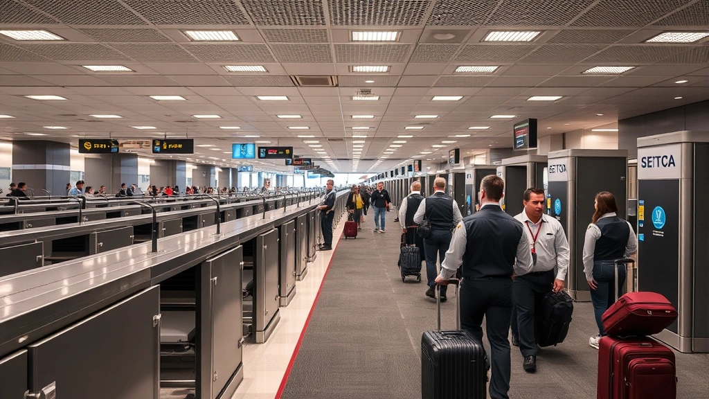 Professional photograph of a modern airport security checkpoint with multiple screening lanes, TSA officers in uniform, and travelers with luggage moving through organized queues, bright airport lighting, contemporary design elements, no visible signage or text
