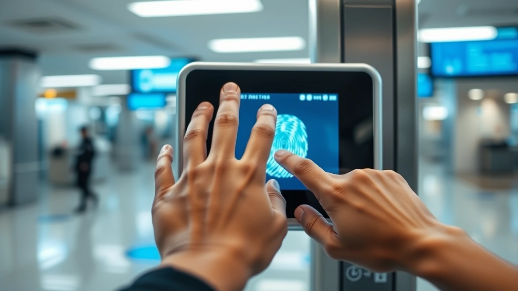Close-up image of biometric scanning technology with a person's hand positioned near a fingerprint reader device, modern security equipment, professional lighting, clean laboratory or airport environment, no visible text or screens
