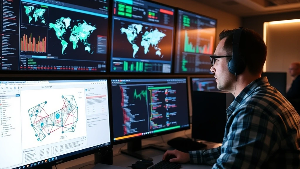 Security analyst monitoring multiple computer screens displaying real-time threat intelligence dashboards, network topology maps, and security alerts in a professional operations center environment