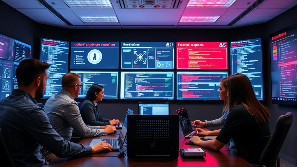Diverse cybersecurity team members collaborating in a modern incident response room with wall displays showing network activity, threat indicators, and emergency response procedures
