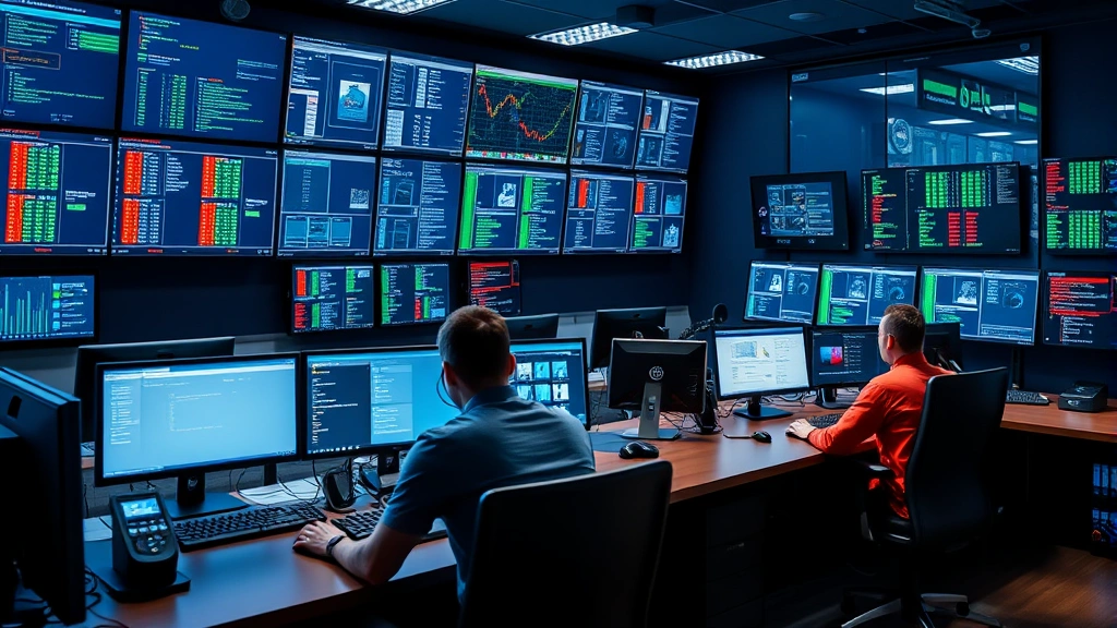 Professional security operations center with multiple workstations, team members analyzing data, wall-mounted screens displaying network monitoring systems, and collaborative incident response environment