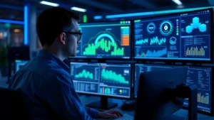 Professional cybersecurity analyst reviewing security dashboards with glowing data visualizations on multiple monitors in modern office environment, blue and green accent lighting