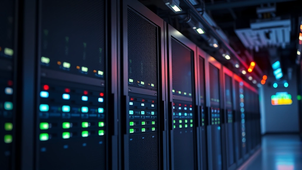Close-up of secure data center with rows of encrypted servers and networking equipment, ambient lighting highlighting security infrastructure components