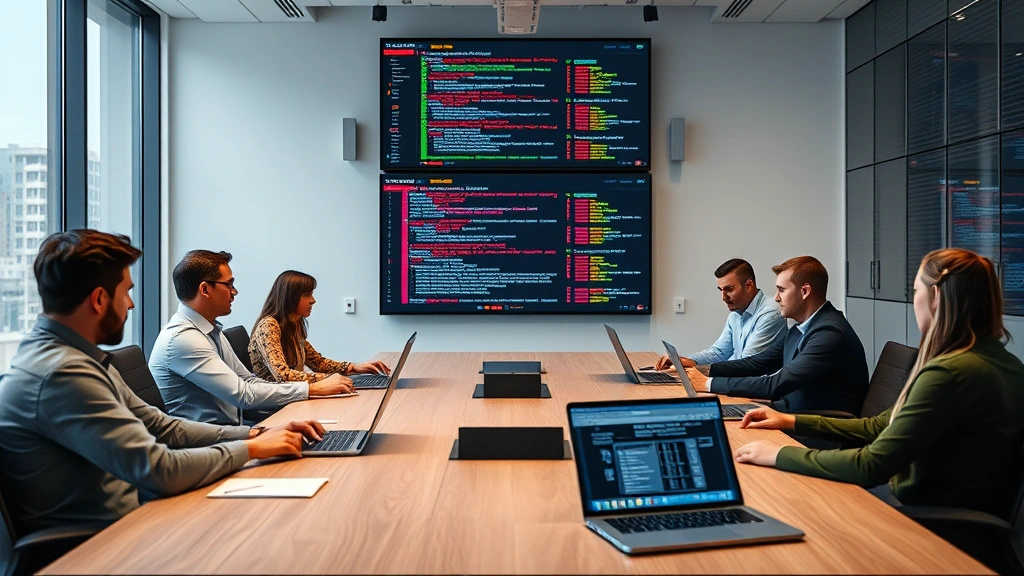 IT security team conducting incident response meeting around conference table with laptops and security alerts visible on large wall displays in corporate setting