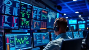 Professional cybersecurity analyst monitoring multiple digital screens showing network traffic and security alerts in modern airport operations center with blue lighting and professional atmosphere, photorealistic high-quality image