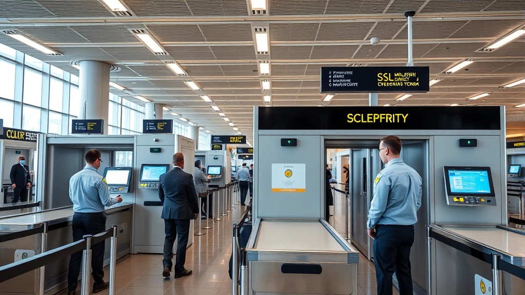 Advanced airport security checkpoint with modern TSA screening equipment, millimeter wave scanners, and professional security officers conducting passenger screening procedures in contemporary airport terminal setting