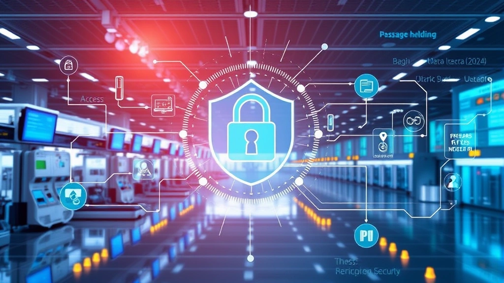 Digital security concept showing interconnected airport systems with data protection visualization, representing baggage handling, access control, and passenger information networks with modern cybersecurity elements