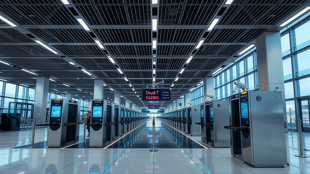 Modern airport terminal security checkpoint with biometric scanners and surveillance cameras, professional lighting, no people visible, clean architectural design, photorealistic cybersecurity focus
