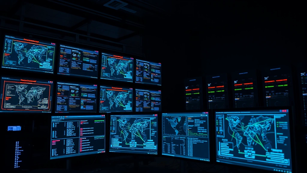 Network security operations center with multiple monitors displaying threat detection dashboards, dark professional environment, server racks, glowing network visualization, no readable text on screens