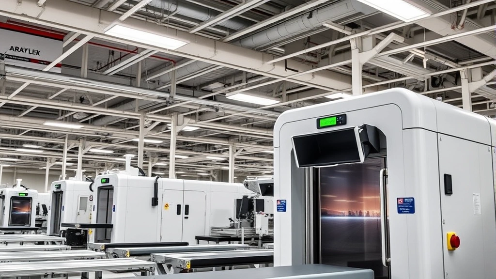 Airport baggage handling facility with X-ray screening equipment and security infrastructure, industrial lighting, operational equipment, no visible security alerts or code displays