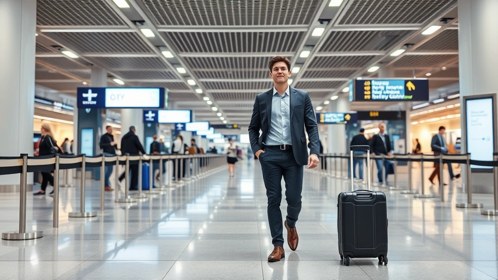 Professional business traveler in modern airport terminal, walking confidently through security checkpoint area with carry-on luggage, clean minimalist clothing, busy but organized background with digital signage, bright contemporary airport lighting, photorealistic professional photography