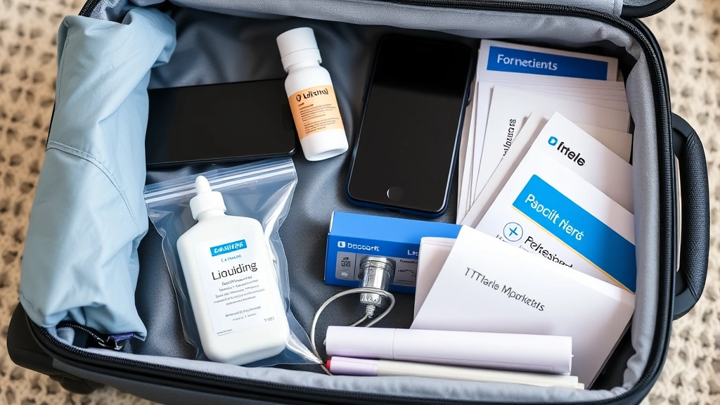 Close-up of organized carry-on luggage contents displayed with TSA-approved liquids bag, electronics, and documents neatly arranged, neutral background, professional product photography style, showing efficient packing organization
