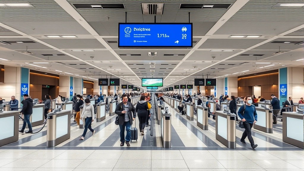 Modern airport security checkpoint interior with advanced screening technology, passengers moving through efficiently, biometric scanners and digital displays visible, professional architectural photography, contemporary airport design, multiple checkpoint lanes visible