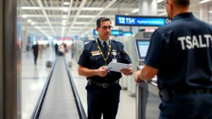 Professional TSA security officer conducting standard checkpoint screening with X-ray machine and conveyor belt system, modern airport terminal background, daytime lighting, realistic documentation processing scene