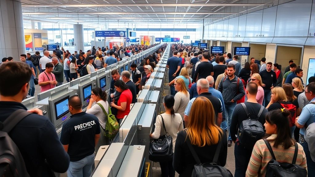 Busy airport security checkpoint with multiple lanes including PreCheck lane, passengers in organized queue, TSA officers at workstations, modern airport infrastructure visible, bright terminal lighting, diverse travelers