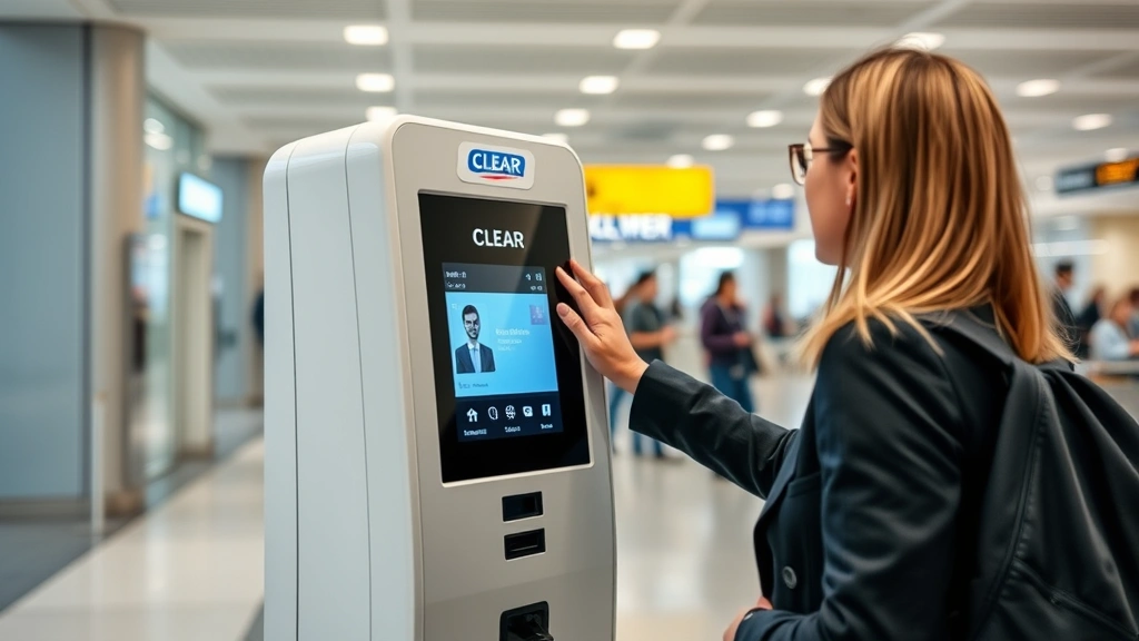 Traveler using CLEAR biometric kiosk with iris scanner technology, modern sleek design, airport terminal environment, professional setting showing identity verification process without text displays
