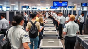 Busy airport security checkpoint with TSA personnel screening passengers, multiple screening lanes visible, modern advanced imaging technology scanner, passengers placing items in bins, professional security environment