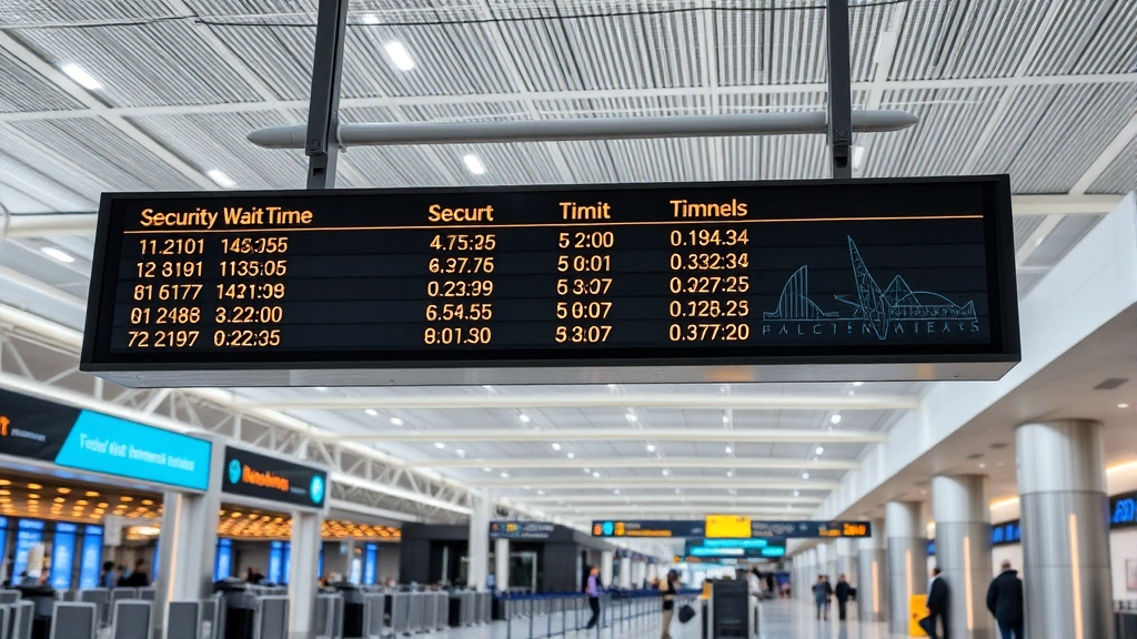 Digital display board showing real-time security wait times in airport terminal, modern airport architecture, bright professional lighting, clear numerical wait time indicators for multiple checkpoints