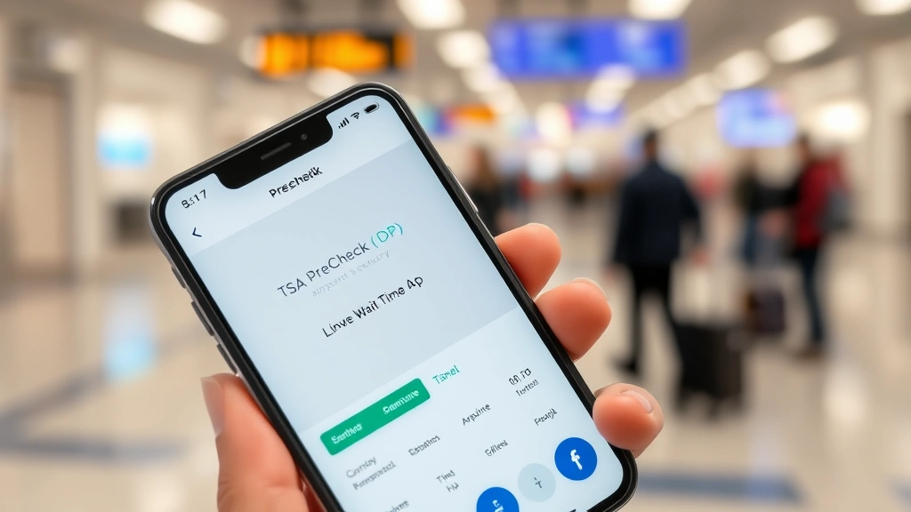Mobile phone displaying TSA PreCheck and airport security app interface, hand holding smartphone with live wait time information, airport terminal background blurred, modern UI showing security information