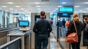 Professional airport security checkpoint with TSA officers operating advanced imaging technology scanner, passengers proceeding through metal detectors, modern facility with blue and gray tones, daytime lighting, no visible text or alerts