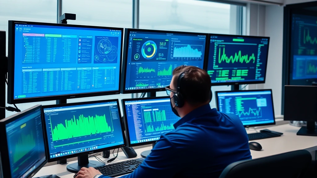 Cybersecurity analyst monitoring multiple computer screens displaying network traffic and security dashboards in modern control room, blue and green data visualizations, focused professional environment, no code or terminal windows visible