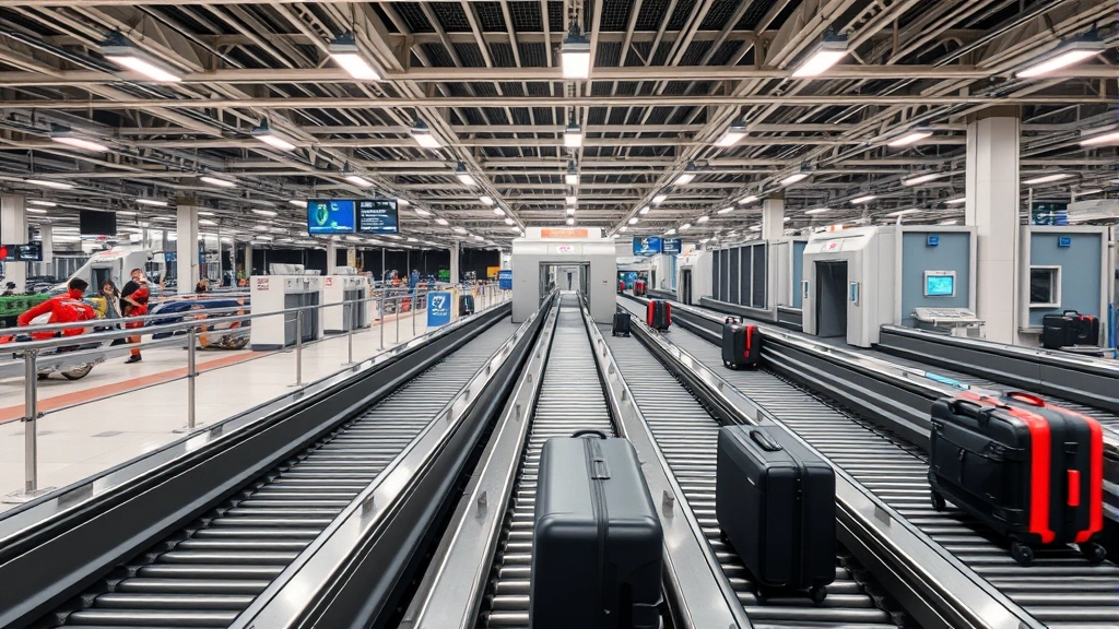 Airport baggage handling system with conveyor belts and luggage moving through facility, X-ray screening equipment in background, modern infrastructure, professional lighting, no operational alerts or text overlays