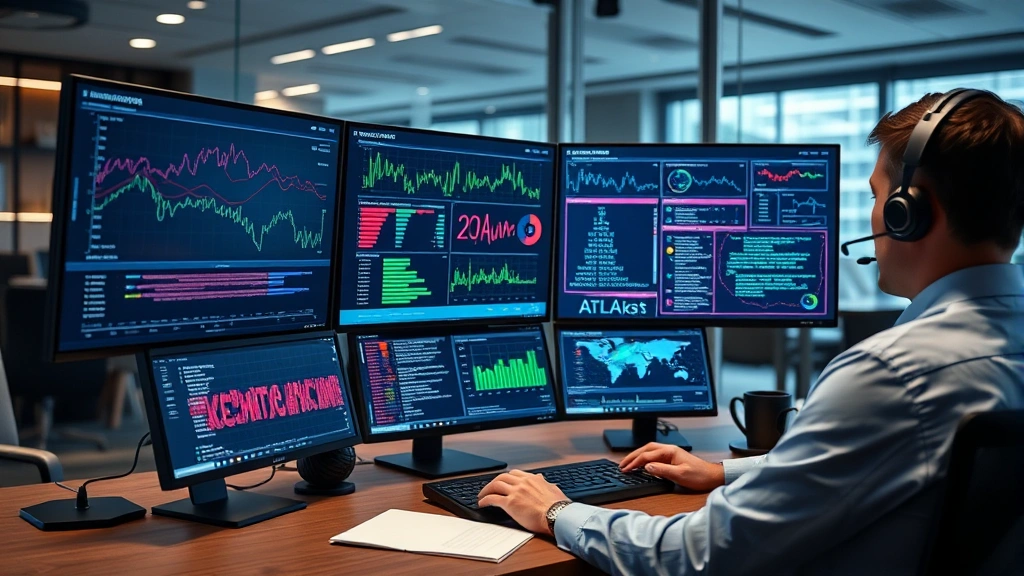 Professional cybersecurity analyst monitoring multiple security dashboard screens in a modern Atlanta office, displaying network traffic patterns and threat intelligence data in real-time