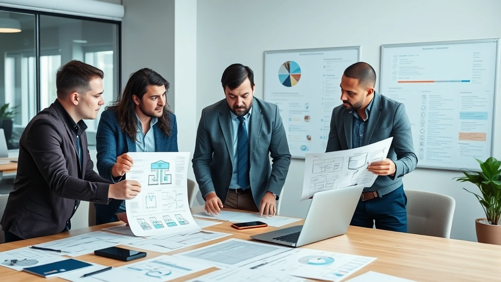 Diverse team of security professionals in collaborative workspace reviewing security architecture diagrams and discussing threat mitigation strategies during a security planning meeting