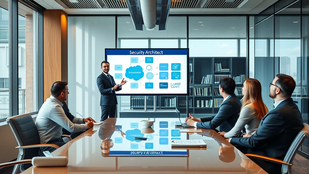 Senior security architect presenting security framework design to executive leadership team in modern boardroom, with confidence and technical authority, emphasizing enterprise security strategy