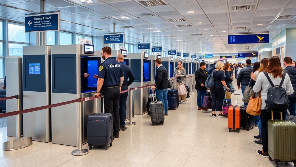 Modern airport security checkpoint with TSA officers monitoring advanced imaging technology scanners, travelers in line with organized carry-on bags, professional airport terminal environment with clear signage