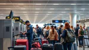 Professional airport security checkpoint with TSA officers scanning luggage and passengers in organized queues, modern airport terminal background, neutral lighting, diverse travelers