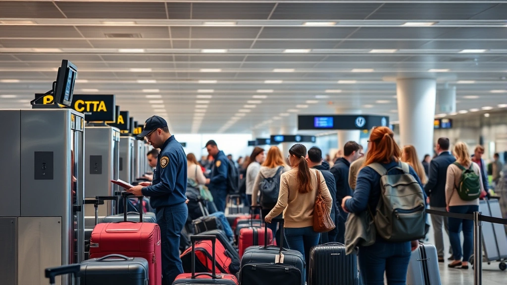 Professional airport security checkpoint with TSA officers scanning luggage and passengers in organized queues, modern airport terminal background, neutral lighting, diverse travelers