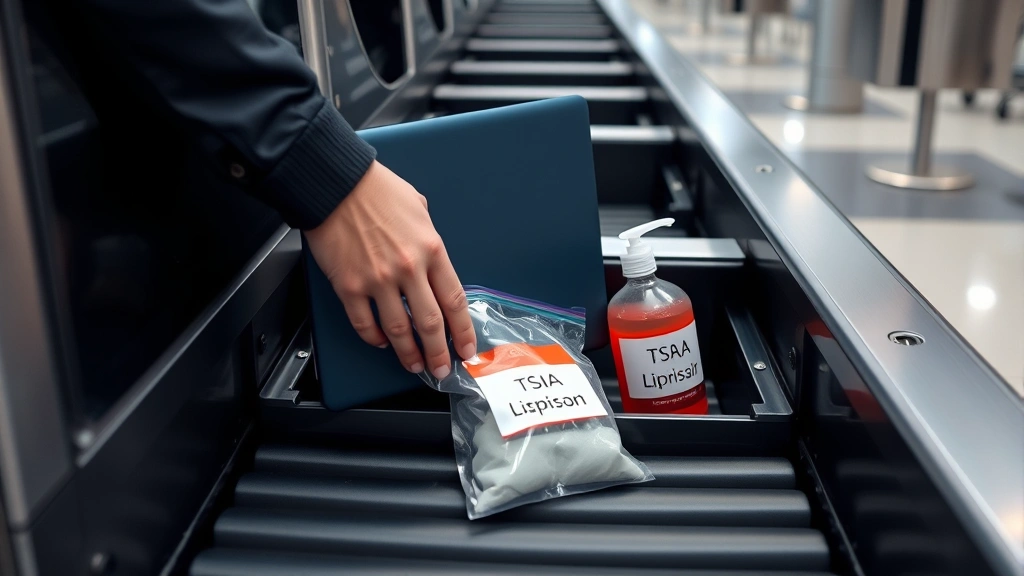 Close-up of hands placing laptop and liquids into airport security bins at checkpoint, organized TSA-compliant liquids bag visible, modern conveyor belt system