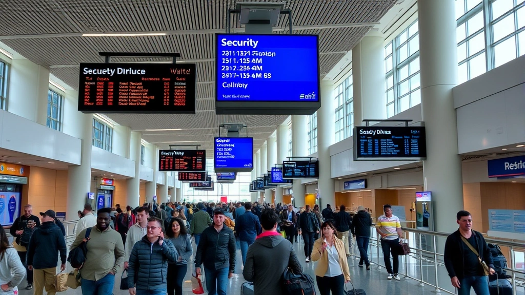 Busy Atlanta airport concourse with digital signage displaying security wait times and gate information, travelers walking with luggage, modern architecture and natural lighting