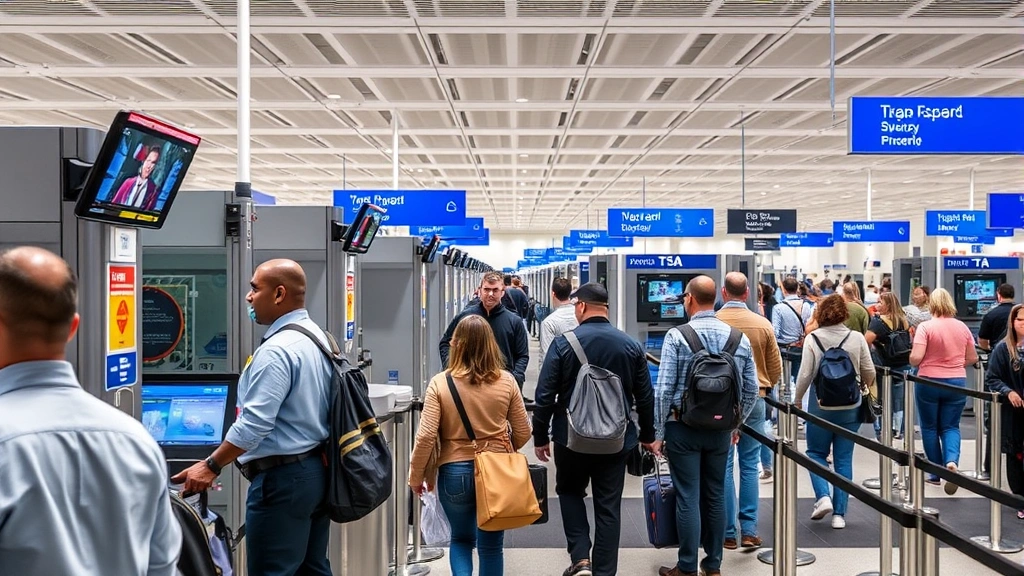 Busy airport security checkpoint with TSA officers screening passengers, modern imaging technology visible, professional security equipment, diverse passengers moving through lanes, blue and white security signage, realistic airport environment