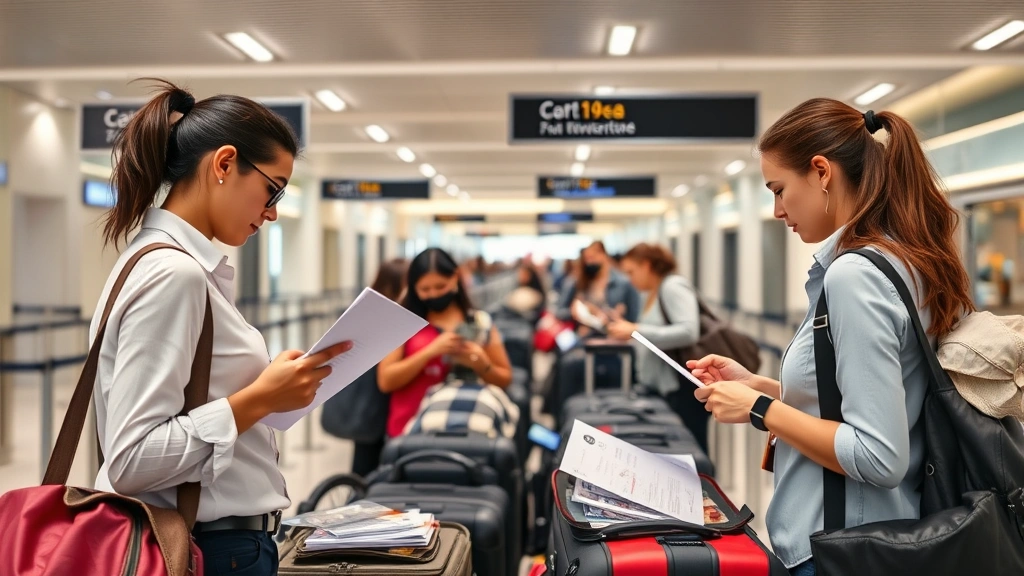 Travelers preparing documents and removing items at security checkpoint, organized carry-on bags, ID and boarding pass ready for inspection, professional airport setting with clear signage and modern screening equipment