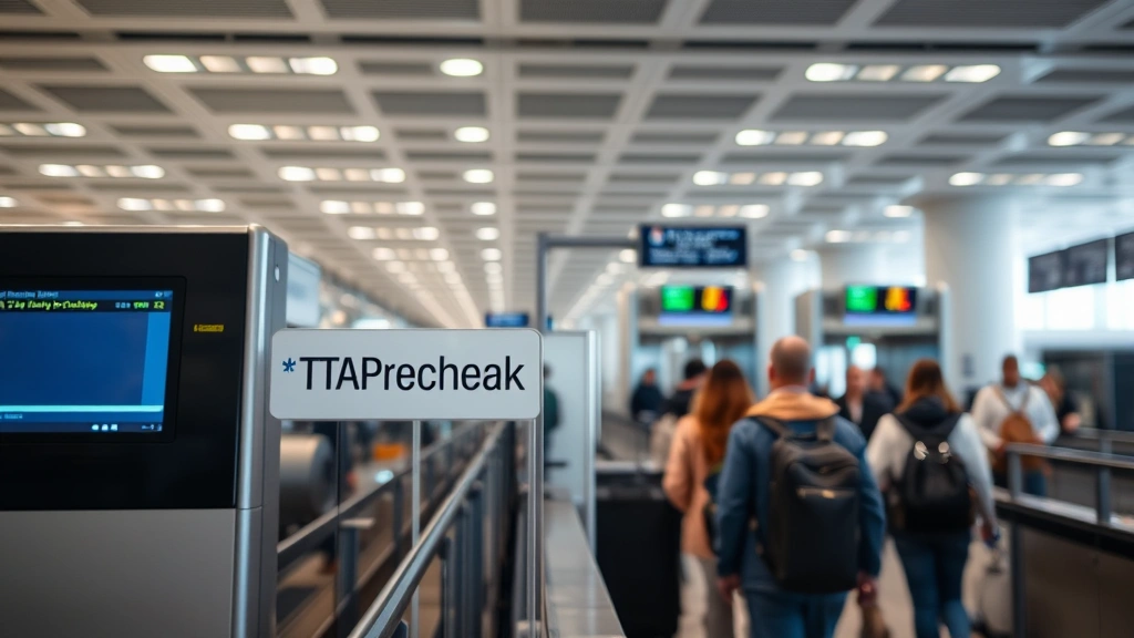 Close-up of security checkpoint with TSA PreCheck lane divider and modern X-ray equipment, professional airport infrastructure, travelers moving through organized queue, neutral lighting emphasizing security technology