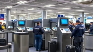 Professional airport security checkpoint with TSA officers operating modern baggage scanning equipment, blue and gray tones, realistic lighting, busy terminal environment, no visible text or alerts