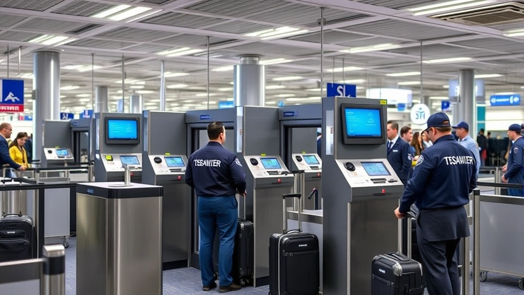 Professional airport security checkpoint with TSA officers operating modern baggage scanning equipment, blue and gray tones, realistic lighting, busy terminal environment, no visible text or alerts